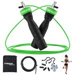 Synergee Speed Jump Rope Green. Anti-Slip Handles with Steel Ball Bearings, 2 Adjustable 10 Ft Cables and Carrying Bag. Great for Crossfit, MMA, Boxing & Fitness.