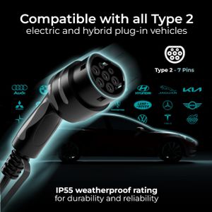 Masterplug Smart EV Wall Charger, Type 2, 7.4kW, 5m Tethered Cable, App Control, Solar Ready, Black