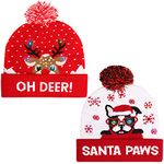 Belle Vous LED Christmas Beanie Hats (2 Pack) - Unisex Bobble Hats - Stretchable Knitted Hats with 6 LED Lights - Reindeer and Dog Printed Light Up Christmas Caps for Xmas Party and Winter Celebration