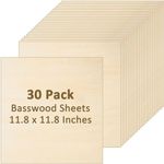 30 Pack Basswood Sheets for Crafts-11.8 x 11.8 x 1/8 Inch- 3mm Thick Plywood Sheets with Smooth Surfaces-Unfinished Squares Wood Boards for Laser Cutting, Wood Burning, Architectural Models, Staining