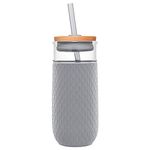 Ello Devon Glass Tumbler, Protective No Sweat Silicone Sleeve and Splash Proof Wooden Detail Lid with Straw, 18 oz