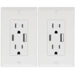 2 Pack - POWAWINI Wall Outlet 15 Amp, UL Listed, USB C & USB A Port, Self-Test with LED Indicator, Tamper-Resistant Receptacle with Decor Wall Plates and Screws (White)