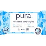 Pura Eco Flushable Baby Wipes - 1 Pack (60 Wipes) 100% Plastic Free, 99% Water, Suitable for Sensitive, Eczema Prone Skin, Newborn Baby & Toddlers, Biodegradable, Vegan, Potty Training