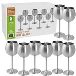 D'Eco Unbreakable 12 Oz Stainless Steel Wine Glasses (8 Pack)- Large Stemmed Matte Silver Wine Goblets - Reusable Indoor Outdoor Drinkware - Insulated Cup Keeps Wine Chilled - Great for Summer Parties