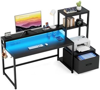 GreenForest scrivania gaming con cassetto e ripiano stampante, Reversibile 175 cm scrivania pc con luci a LED, Monitor Stand e ganci,scrivania ufficio Home office per Studio Lavoro,Nero