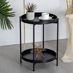 Interior Handicraft 2 Tier End Table Folding Metal Side Table Waterproof Small Accent Coffee Table Sofa Side Table with Removable Tray for Living Room Bedroom Balcony and Office (Matt Black)