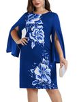 Hanna Nikole Female Large Size Round Neck 3/4 Sleeves Cocktail Dress HIPS-Wrapped Flower Pencil Dress Royal Blue Flower 28