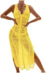 OYOANGLE Women's Crochet Hollow Out Swimsuit Cover Up Deep V Neck Sleeveless Beach Midi Dress Swimwear Yellow Small