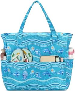 Beach Pool Bags Tote for Women Ladies Large Gym Tote Carry On Bag With Wet Compartment for Weekender Travel Waterproof, Dolphin Wave, X-Large