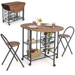 COSTWAY 3 Piece Folding Dining Table Set, Drop Leaf Table and Chairs with 2 Storage Shelves, 4 Pull-out Baskets and 6 Wheels, Metal Frame Bar Table Set for Kitchen Dining Room (Brown)