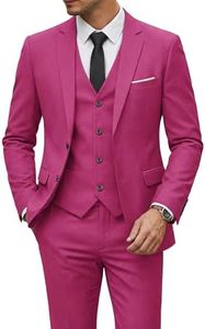 YND Men's Slim Fit 2 Button 3 Piece Suit Set, Blazer Jacket Vest Pants and Tie, Solid Wedding Dress Tux and Trousers Fuchsia