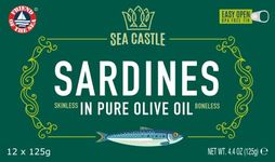 Sea Castle Skinless & Boneless Sardines in Pure Olive Oil 125g (Case of 12) | Rich in Omega 3, Easy Open BPA Free Tin, Kosher