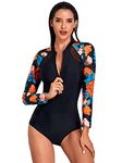 Milumia Women Boho UPF 50+ Rash Guard Long Sleeve One Piece Swimsuits Floral Print Zipper Surfing Wetsuit Swimwear, Black, Large