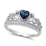 Blue Apple Co. Heart Crown Promise Ring Simulated Sapphire Round Clear CZ 925 Sterling Silver