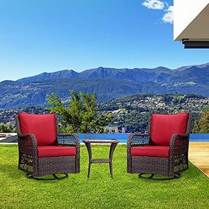 Amyove Outdoor Swivel Rocker Patio Chairs Set, 3 Piece Wicker Patio Bistro Set with Premium Cushions, 2Pcs Chairs and 1Pcs Matching Side Table (Rust)