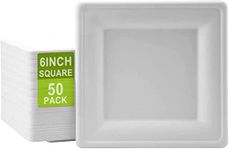 50 x Disposable Square Paper Plates [15cm, 6 Inch] Heavy Duty Strong Party Plates for Hot Food Reusable Super Rigid Takeaway Bagasse Sugar Cane for Weddings, Christmas, Events - 15 cm (6 Inch)