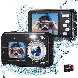 Digital Camera, Jckduhan 4K Waterproof Digital Camera 48MP Autofocus Underwater Camera with 64G Memory Card Selfie Dual Screens with 16X Digital Zoom, Compact Camera for Beginners (Black)