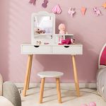 HONEY JOY Kids Vanity, Toddler Dressing Table & Chair for Bedroom, 2 Storage Drawer & Square Mirror, Princess Makeup Vanity Set for Little Girls Age 3+, Wood Girls Vanity Set w/Mirror and Stool, White