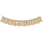 Amosfun Burlap Banner God Bless Baptism Banner Rustic Bunting Garland Christening Communion with White Cross (White) Festival Wall Decoration