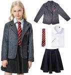 Yulefly 4PCs Girls Musical Movie Costume for Kids, Gray School Uniform Girl Outfit with Jacket Shirt Skirt Tie, Grey