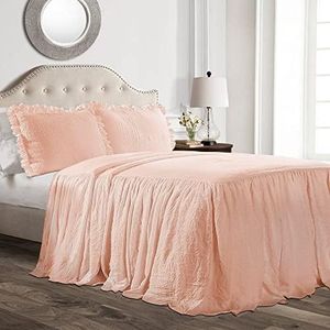 Lush Decor Ruffle Skirt Bedspread Vintage Chic Farmhouse Style Lightweight 3 Piece Set, Full, Blush