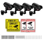 4 Packs Fake Security Camera with No Trespassing Signs Smile You're On Camera Warning Signs and Screws, Dummy Cameras with Realistic LED Red Flashing Light for Outdoor Yard& Indoor Use Set Of 8