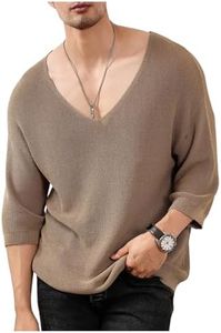 Verdusa Men's V Neck Drop Shoulder Lightweight Sweaters 3/4 Sleeve Knit Tops Khaki Medium