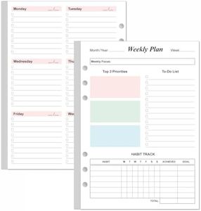 Weekly Planner Refills for A5 Binders - 53 Sheets/106 Pages Undated Colorful Weekly Planner, 6-Hole Punched, 100 gsm White Paper, Lasts 1 Year, Undated, 5.8" x 8.3"