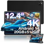 DOOGEE T30 MAX Tablet 12.4 Inch, 4K Android 14 Tablet,10800mAh Battery/33W Fast Tablets with 20GB RAM 512GB Storage, Helio G99 Octa Core CPU, 50MP+20MP+2MP, 4 Speakers, 4G LTE Cellular Tablet, Black