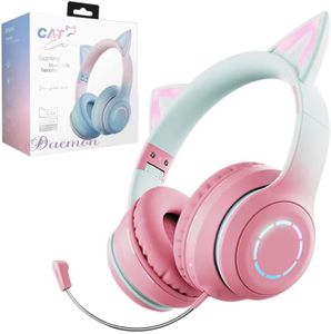 Daemon Headphones, Bluetooth Wireless Headphones for Kids Teens Adults, Over-Ear Bluetooth Headphones with Microphone, Cat Ear Headphones for Girls Women (Pink with Mic)