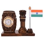 MV Son's Wooden Pen Stand With Clock - Ashok Stambh Pillar And Tiranga Flag Pencil Holder Office Table Decoration Desk Organizer Antique Finish, Stationary, Brown