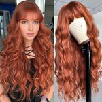 YEESHEDO Auburn Long Hair Wigs for Women Natural Curly Wavy Synthetic Wigs with Fringe Auburn Red Wig for Party Cosplay or Daily 28 Inches