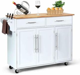 Costway Kitchen Island on Wheels, Mobile Kitchen Storage Cart with Knife Rack, Towel Bar, 2 Drawers & 3 Doors, Buffet Sideboard with Rubber Wood Top for Home, Cafe, Restaurant (White)