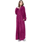 Hellomamma Women's Zip Front Bathrobe Soft Long Fleece Plush Robe Full Length Housecoat Sleepwear Dressing Gown Rose Red
