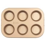 RRussell Hobbs® Opulence 6 Cup Non-Stick Muffin Tray, Baking Tin for Yorkshire Puddings, Pies, Cupcakes, Easy Clean, PFOA Free, Oven Safe to 220 Degrees, Carbon Steel, Gold, RH02151GEU7