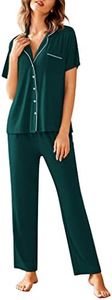 Avidlove Women Pajamas Set Notch Collar Soft Sleepwear Pjs Short Sleeve Button Down Nightwear with Long Pants Dark Green