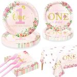 Floral 1st Birthday Party Supplies for 20 Guests, Disposable Tableware Set Include Miss Onederful Plates, Napkins, Forks, Happy 1st Birthday Tablecloth for Girls Baby First Birthday Party Decorations