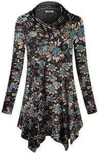 Cestyle Long Tunic Tops for Women, Women's Cowl Neck Full Sleeve Casual Swing Shirt Pleated Button Details Feminine Handkerchief Hem Unique Design Loose Fit Blouse Brown XX-Large