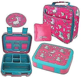 kinsho Unicorn Bento Lunch Box and Bag Set for Girls Toddlers, Cute Matching Pink Boxes with Unicorns for Daycare, Pre-School Gift, Ice Pack Included