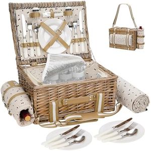 31Pcs Picnic Basket for 4 -Wicker Picnic Set with Waterproof Blanket & Wine Bag| Large Picnic Hamper with Insulated Cooler & Cutlery Kit for Couples Camping,Brown Flower,16x12x7.5inch