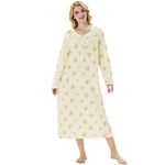 Keyocean Nightgowns for Women, Soft 100% Cotton Knit Nightgowns, Comfy Long-Sleeve Ladies Sleepwear Gown for Mom, Tender Yellow Floral, X-Large