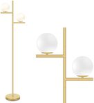 Mid Century Floor Lamp - 2 Globe Modern Standing Lamp with Foot Pedal, Frosted Glass Stand Up Lights for Living Room, Bedroom, Office, Contemporary LED Antique Brass|Gold Tall Pole Light Indoor