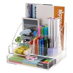 JuxYes Acrylic Desk Organizer with 2 Drawers - Clear Plastic All in One Office Supplies Organizers, Home Desk Accessories Organizer for Pens Stationary Makeups