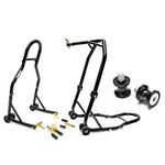 Venom Motorcycle Front Triple Tree & Rear Swingarm Spool Lift Combo Wheel Lift Stands + Low Profile 8mm Black Swingarm Spools (Compatible with Most Honda/Suzuki Bikes)