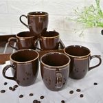 Femora Ceramic Coffee Mug, 22k Liquid Double Gold Line Tea cups, Stackable, Chip Resistant, 180 ML, Pack of 6, Brown