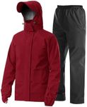 iCreek Rain Suit Waterproof Jacket with Pants 2 Pieces Breathable Lightweight Packable Raincoat with Hooded Rainwear Unisex（XL, Red）