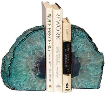 AMOYSTONE Teal Agate Bookends Geode Book Ends Heavy Duty Bookend Holder Decor with Rubber Bumpers Small(1 Pair, 2-3 LBS)