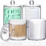 4 Pcs, 10 OZ Qtip Holder Dispenser for Cotton Ball, Cotton Swab, Cotton Round Pads, Floss - Clear Plastic Apothecary Jar Set for Bathroom Canister Storage Organization, Vanity Makeup Organizer