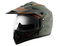 Vega Off Road Secret ISI Certified Matt Finish Full Face Dual Visor with Peak Helmet for Men and Women Outer Clear Visor and Inner Smoke Sun Visor(Dull Green Black, Size:M)