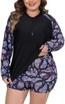 ALLTOKE Womens Two Piece Plus Size Long Sleeve Rash Guard Sets Half Zip Swim Shirts Top and Shorts UPF50+ Swimsuit, Paisley (Plus+w/ Zip), XX-Large